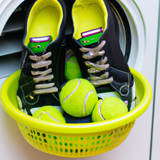 Step 3: Add two clean tennis balls to the dryer with the shoes